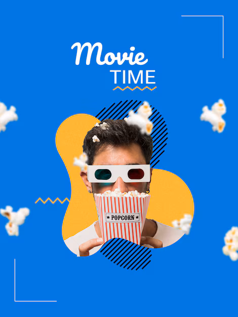 collage about movie time with man holding popcorn